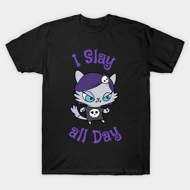 I Slay All Day Cute Goth Kitten with Skull Shirt T-Shirt by OrionLodubyal